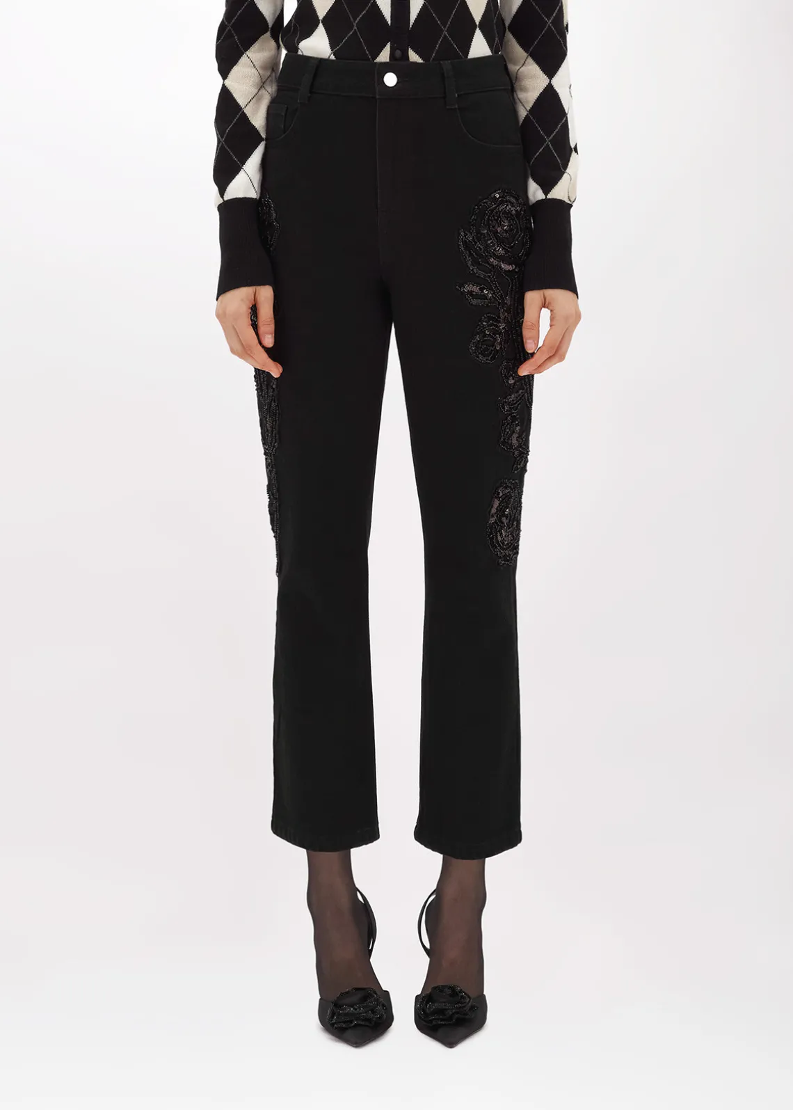 BLACK DENIM JEANS WITH EMBROIDERY