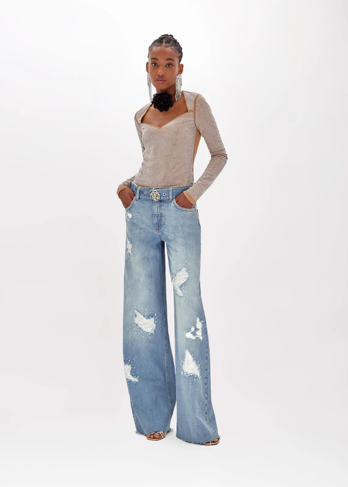 Bodysuit in tulle with rhinestones
