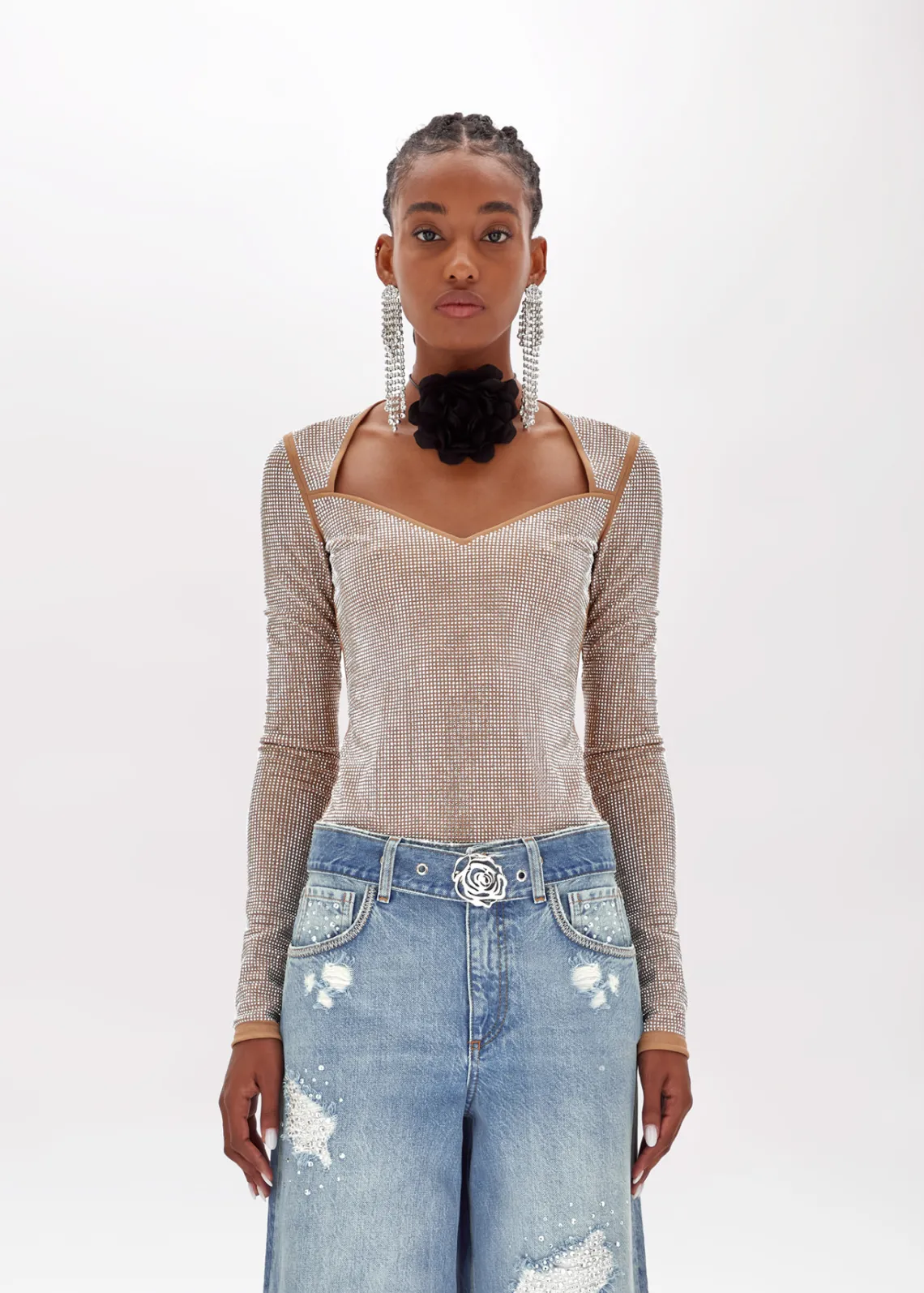 Bodysuit in tulle with rhinestones