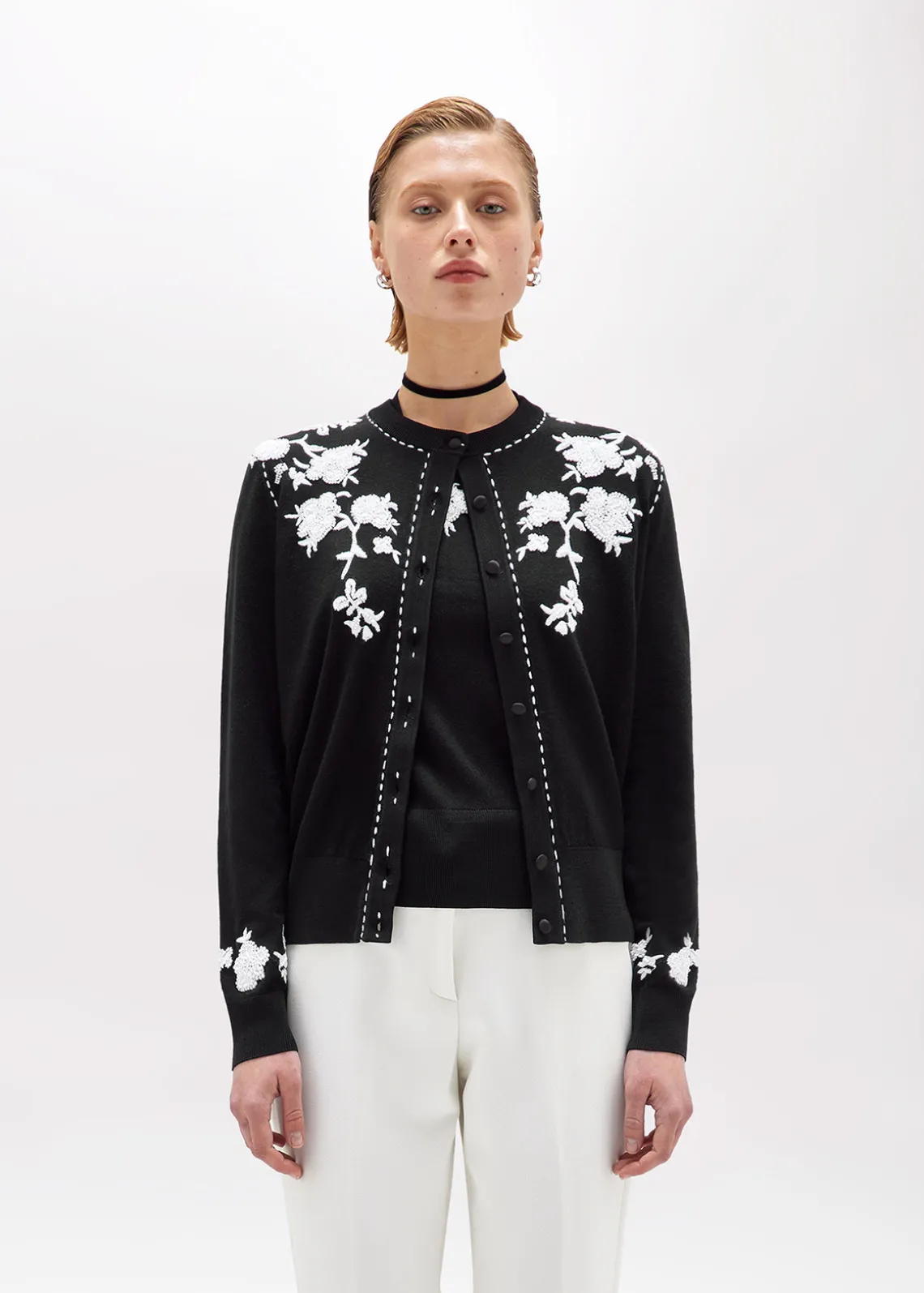 CARDIGAN AND TOP WITH FLORAL EMBROIDERY AND CORAL BEAD DETAILS
