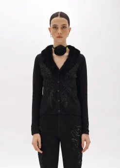 CARDIGAN WITH EMBROIDERY AND FAUX FUR COLLAR