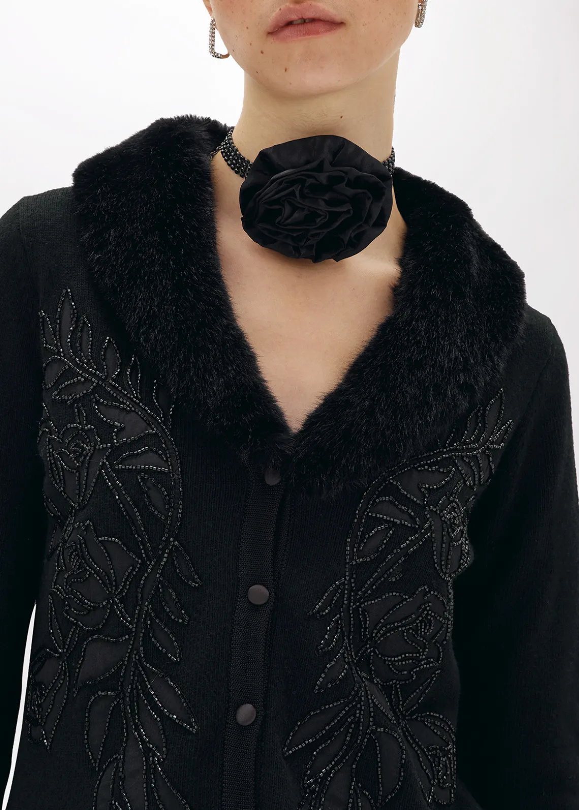 CARDIGAN WITH EMBROIDERY AND FAUX FUR COLLAR