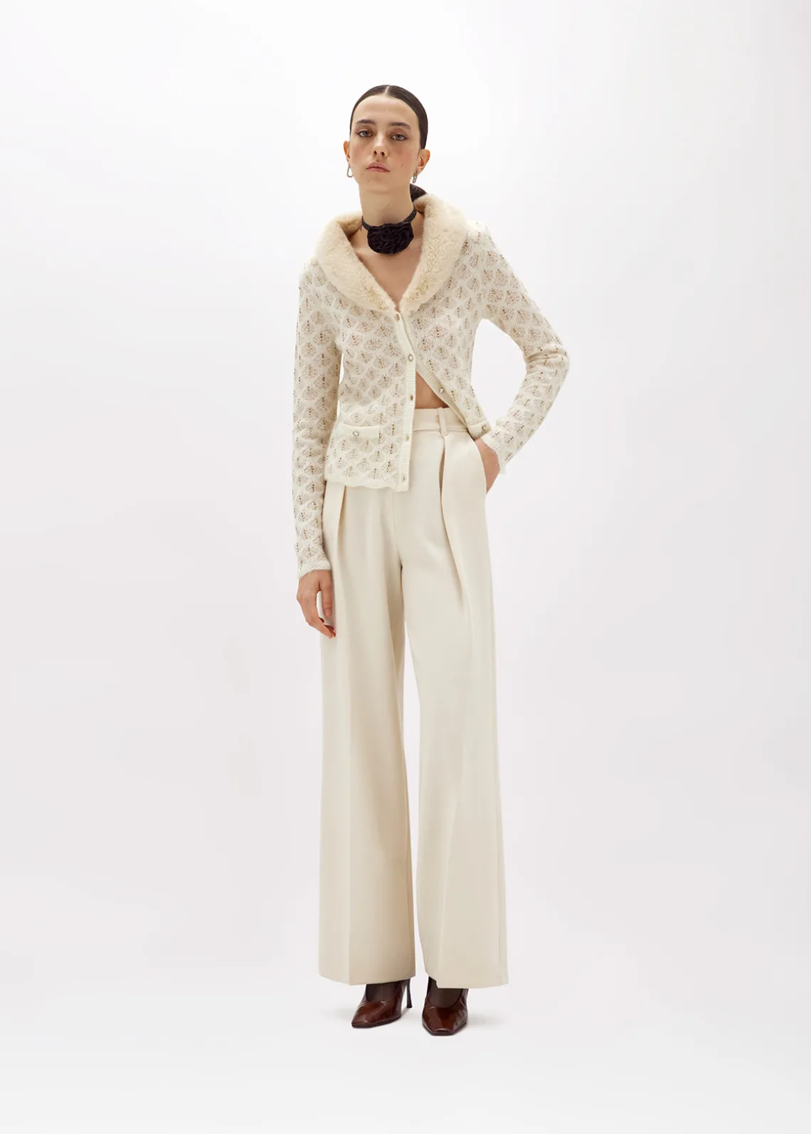CARDIGAN WITH RHINESTONES AND FAUX FUR COLLAR