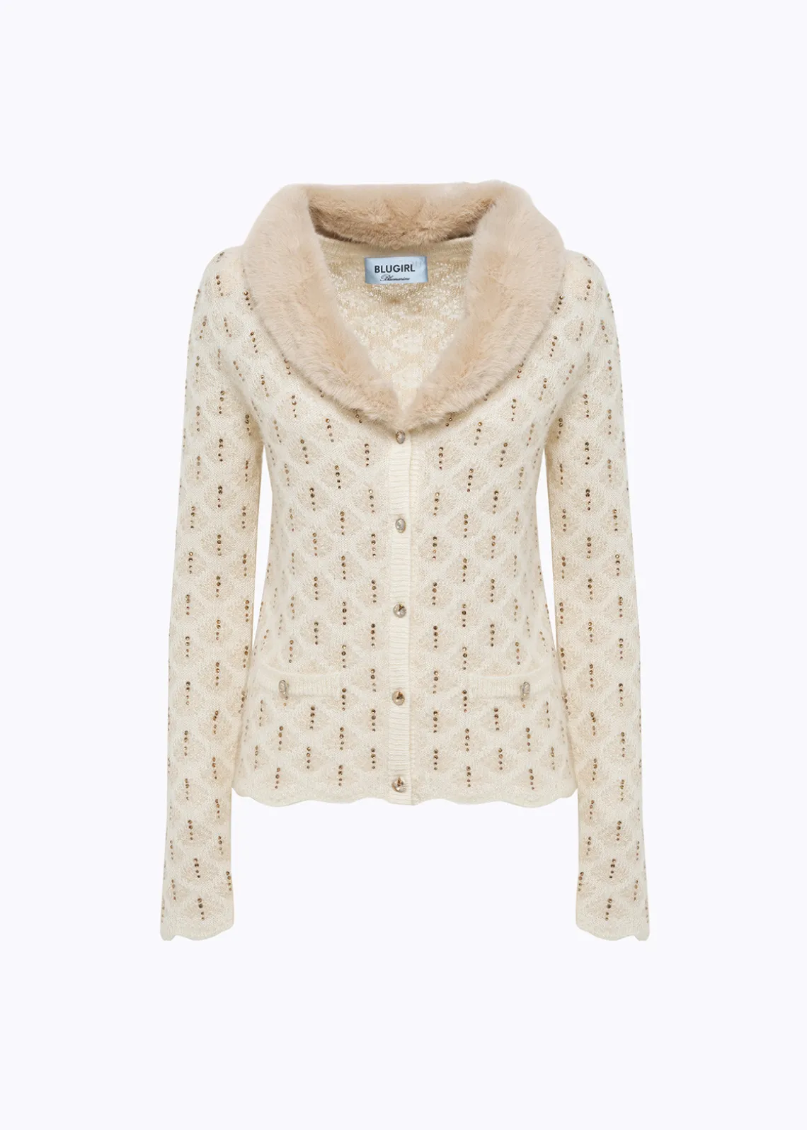 CARDIGAN WITH RHINESTONES AND FAUX FUR COLLAR