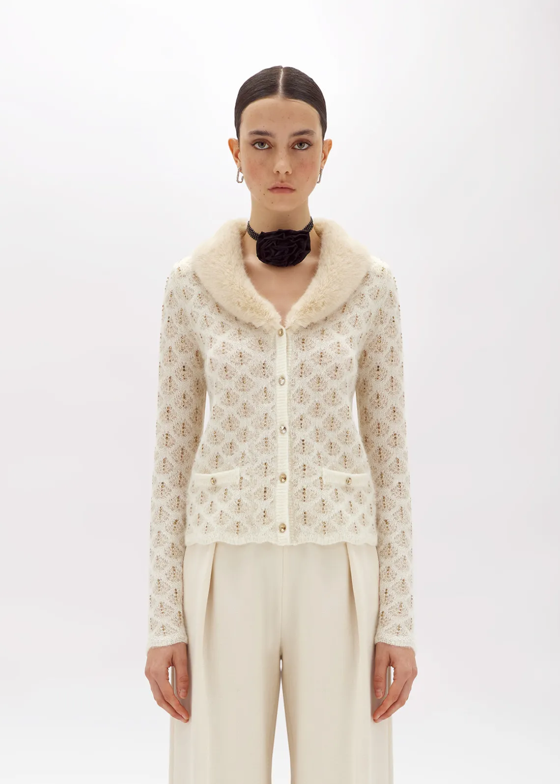 CARDIGAN WITH RHINESTONES AND FAUX FUR COLLAR