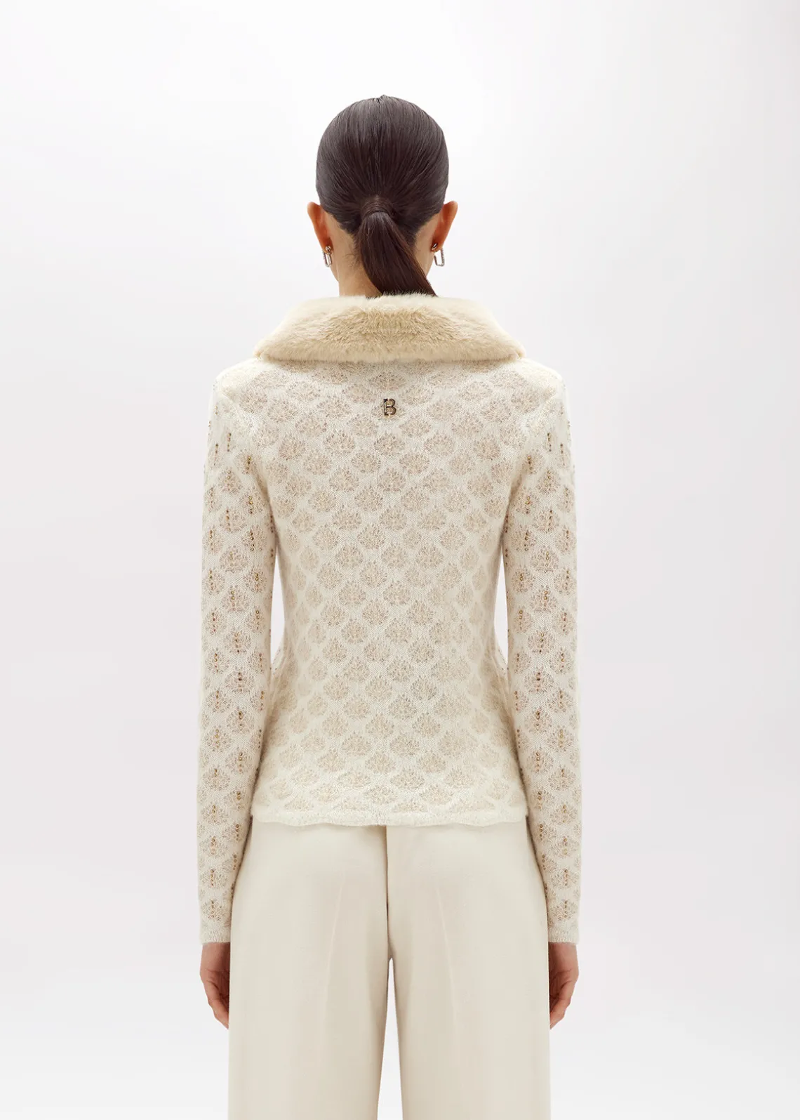 CARDIGAN WITH RHINESTONES AND FAUX FUR COLLAR