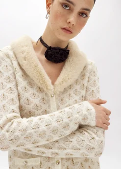 CARDIGAN WITH RHINESTONES AND FAUX FUR COLLAR