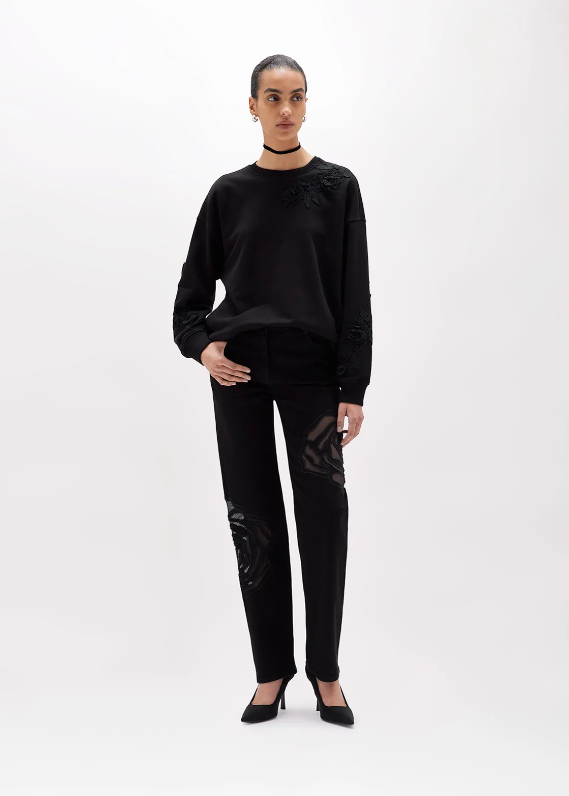 COTTON-BLEND SWEATSHIRT WITH MACRAMÉ DETAILS