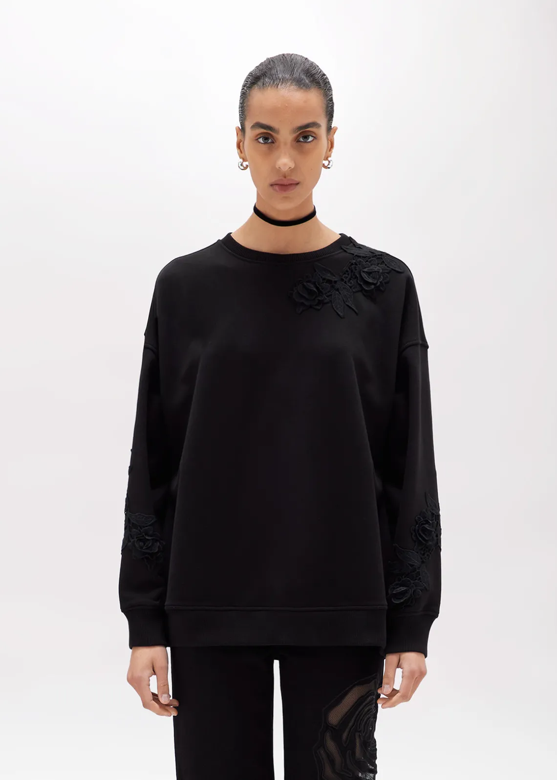 COTTON-BLEND SWEATSHIRT WITH MACRAMÉ DETAILS