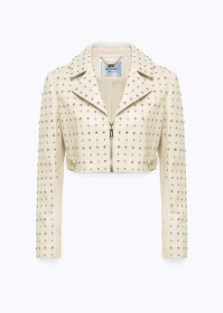 CROPPED LEATHER BIKER JACKET WITH CRYSTAL RIVETS