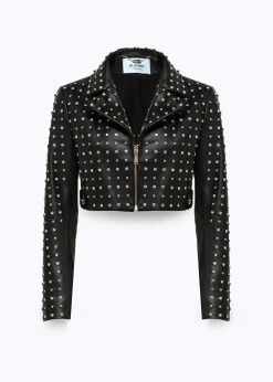 CROPPED LEATHER BIKER JACKET WITH CRYSTAL RIVETS