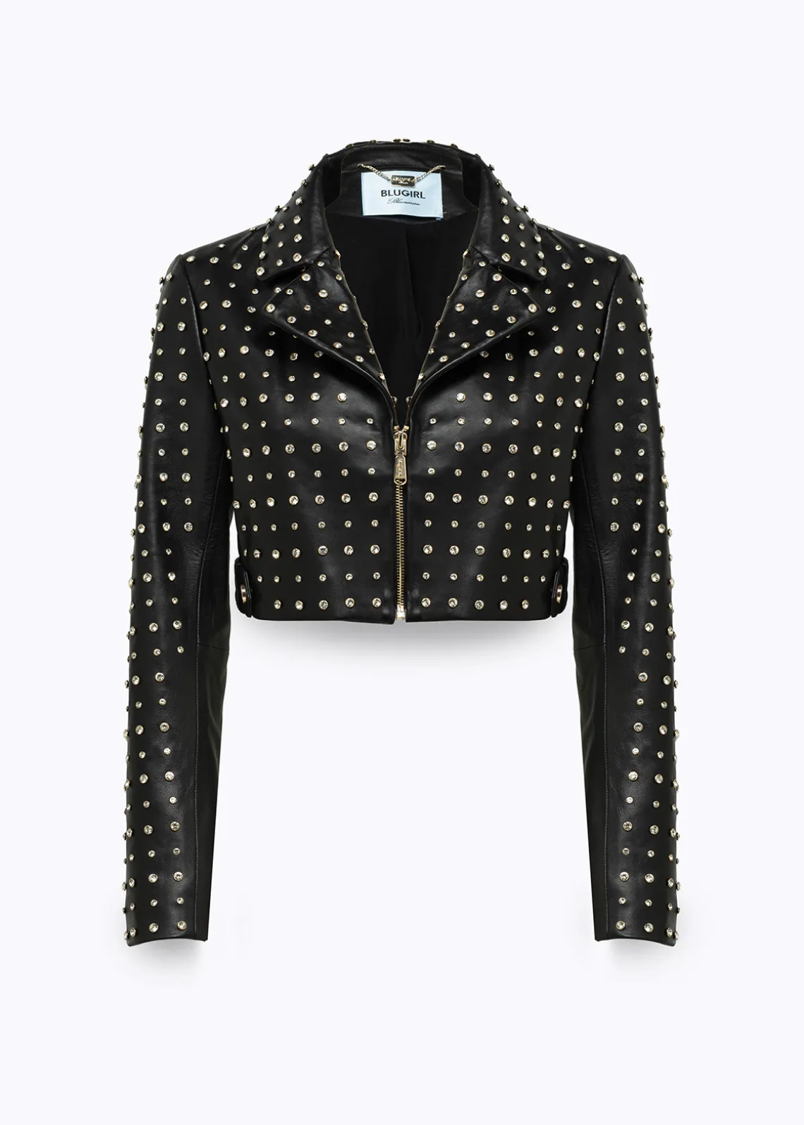 CROPPED LEATHER BIKER JACKET WITH CRYSTAL RIVETS