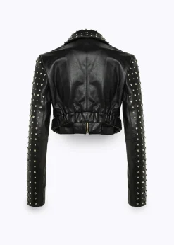 CROPPED LEATHER BIKER JACKET WITH CRYSTAL RIVETS