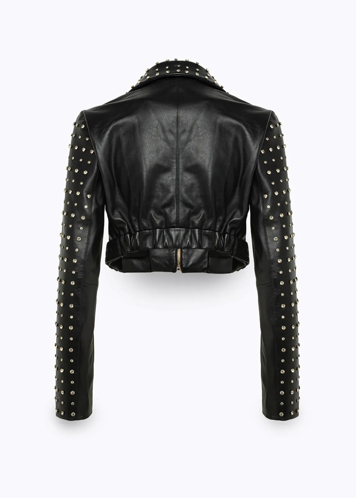 CROPPED LEATHER BIKER JACKET WITH CRYSTAL RIVETS
