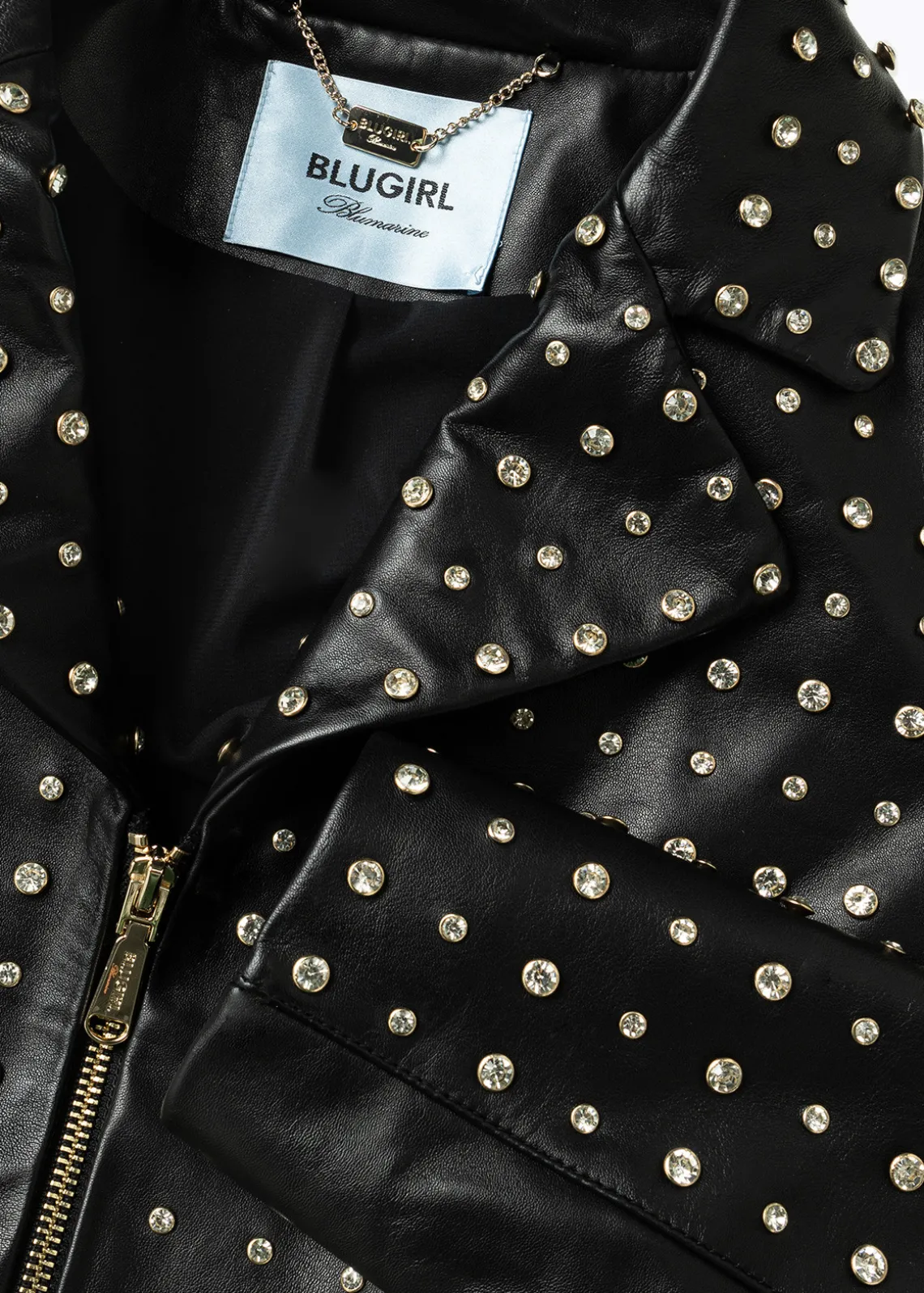 CROPPED LEATHER BIKER JACKET WITH CRYSTAL RIVETS