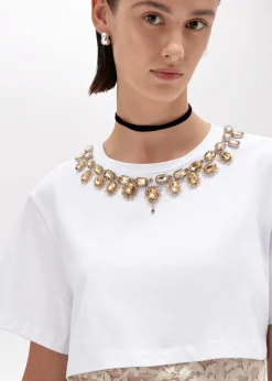 CROPPED T-SHIRT WITH EMBROIDERY AND LACE TOP