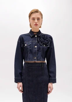 DENIM JACKET WITH ROSE-SHAPED PIN