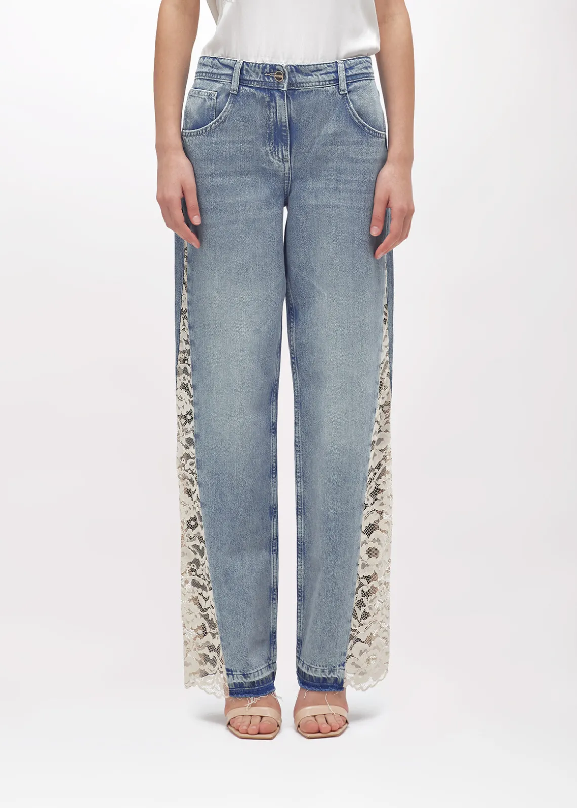 DENIM JEANS WITH LACE INSERTS