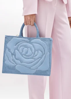 DENIM SHOPPER BAG WITH ROSE