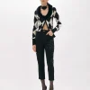 DIAMOND PATTERN CARDIGAN WITH FAUX FUR COLLAR