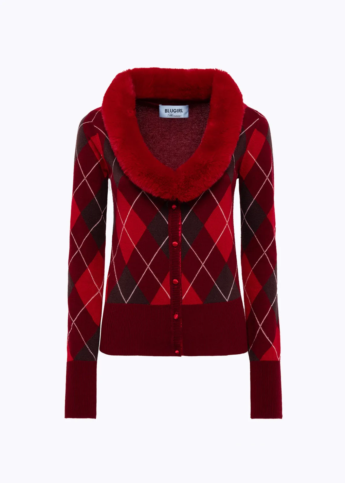 DIAMOND PATTERN CARDIGAN WITH FAUX FUR COLLAR