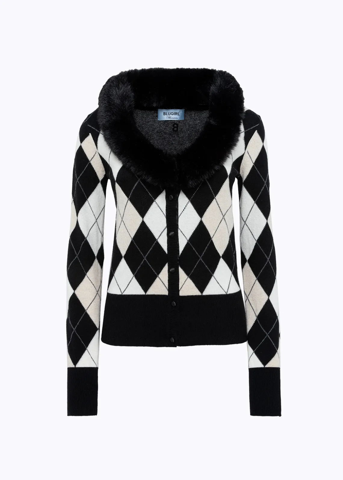 DIAMOND PATTERN CARDIGAN WITH FAUX FUR COLLAR