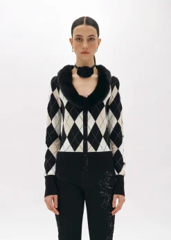 DIAMOND PATTERN CARDIGAN WITH FAUX FUR COLLAR