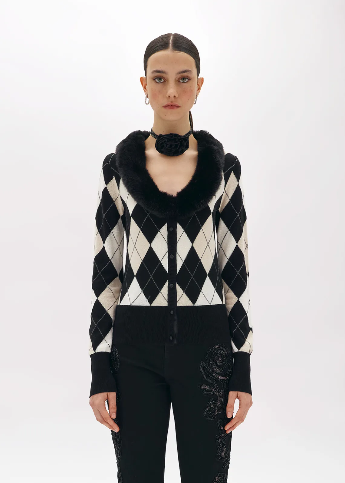 DIAMOND PATTERN CARDIGAN WITH FAUX FUR COLLAR