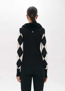 DIAMOND PATTERN CARDIGAN WITH FAUX FUR COLLAR