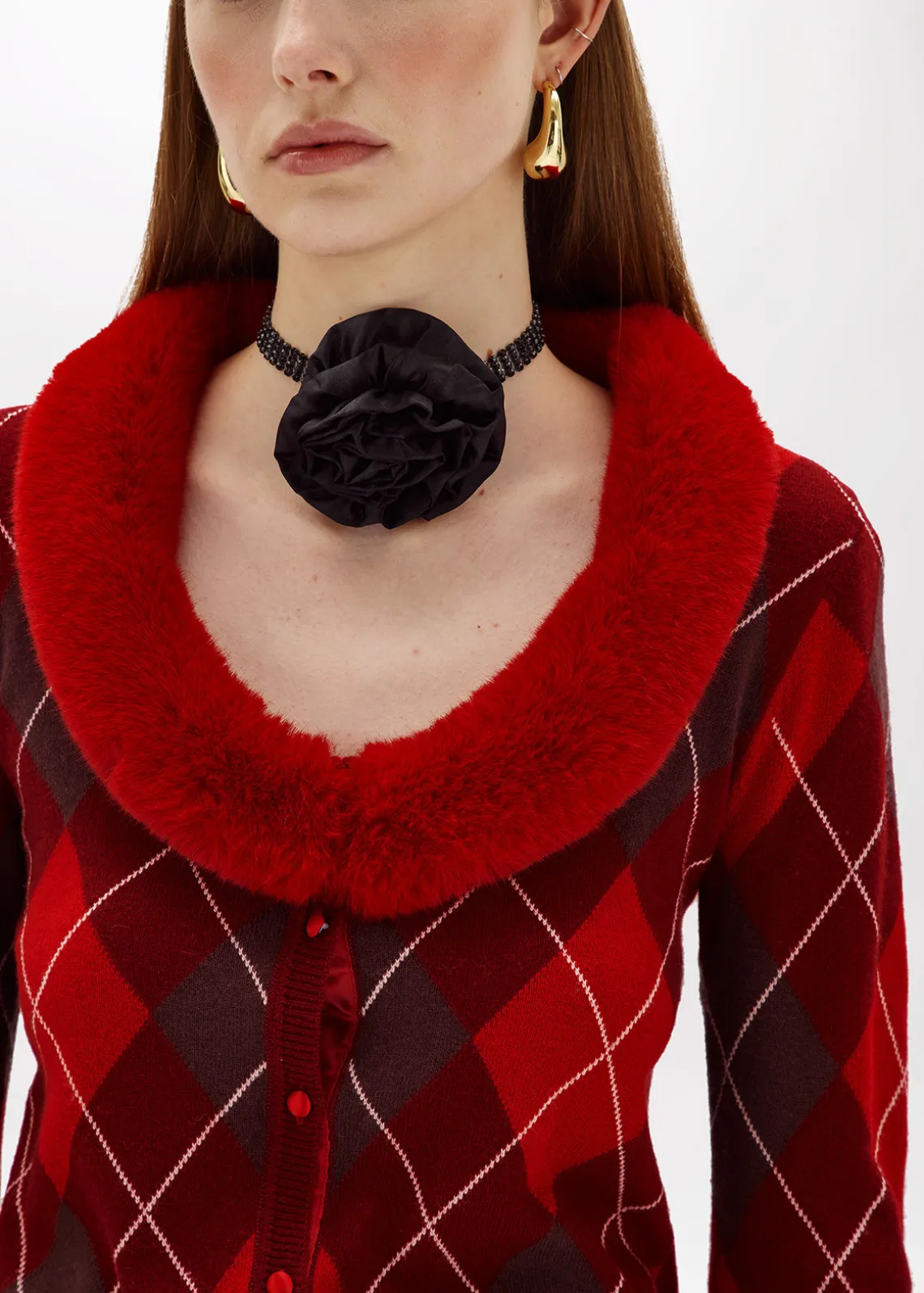 DIAMOND PATTERN CARDIGAN WITH FAUX FUR COLLAR