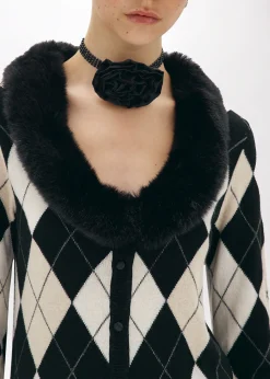 DIAMOND PATTERN CARDIGAN WITH FAUX FUR COLLAR