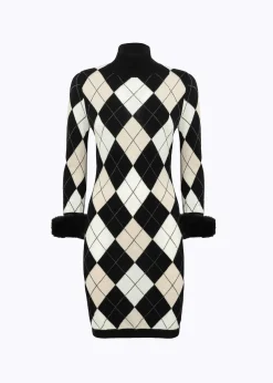 DIAMOND PATTERN DRESS WITH FAUX FUR CUFFS
