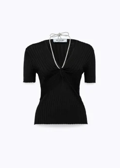 DRAPED SWEATER WITH ATTACHED NECKLACE