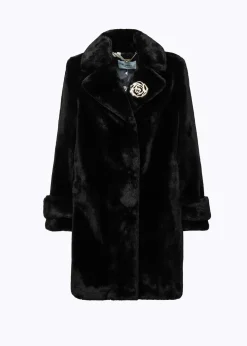FAUX FUR COAT WITH BROOCH