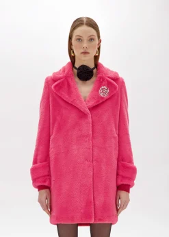 FAUX FUR COAT WITH BROOCH