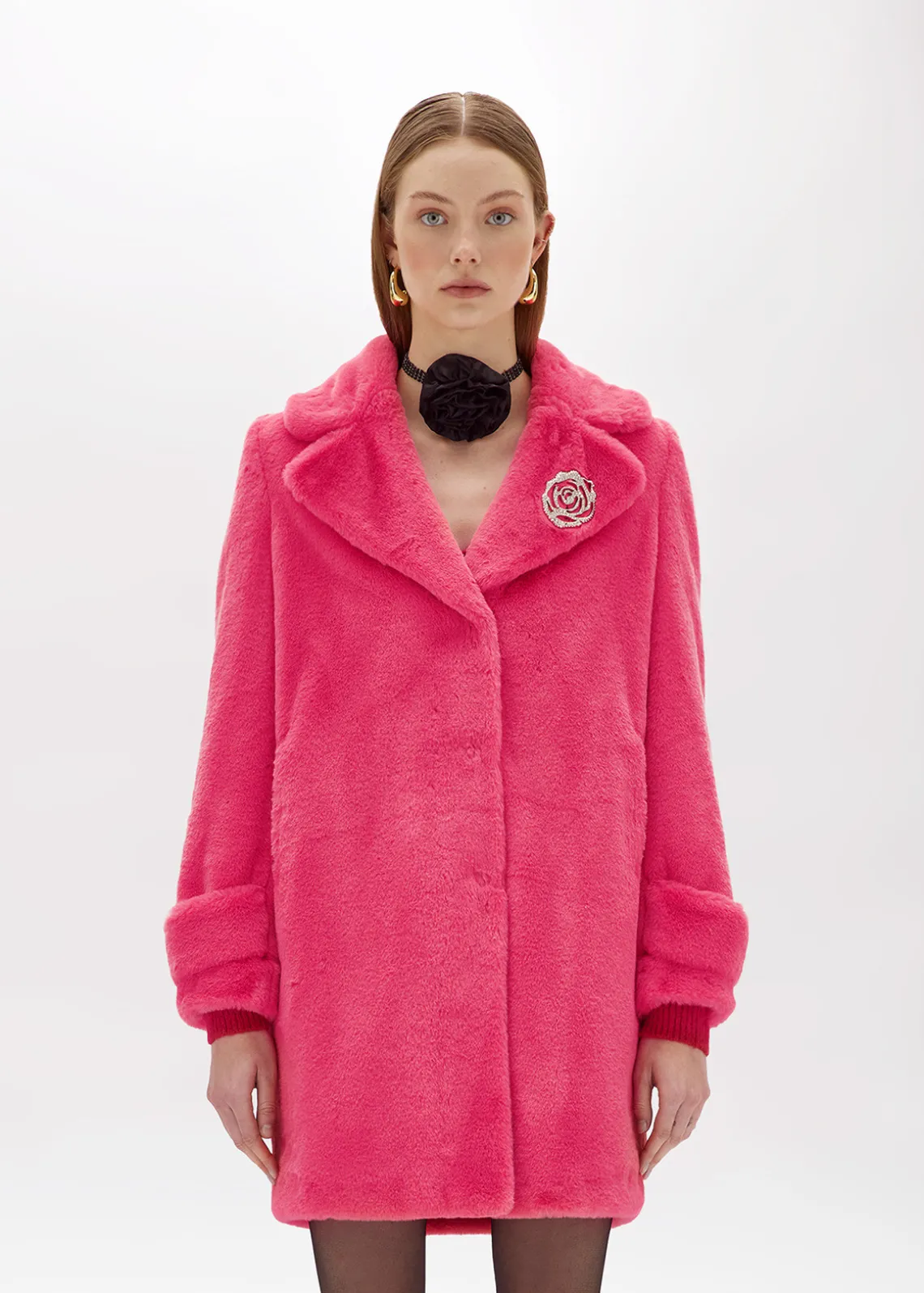 FAUX FUR COAT WITH BROOCH