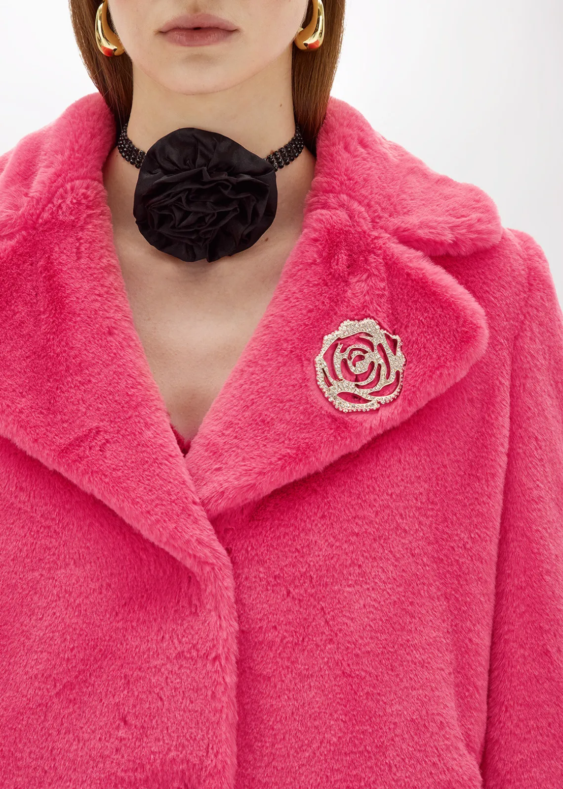 FAUX FUR COAT WITH BROOCH