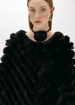 FAUX FUR PONCHO WITH BROOCH