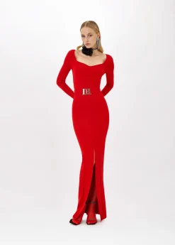 FITTED LONG DRESS WITH BRANDED BELT