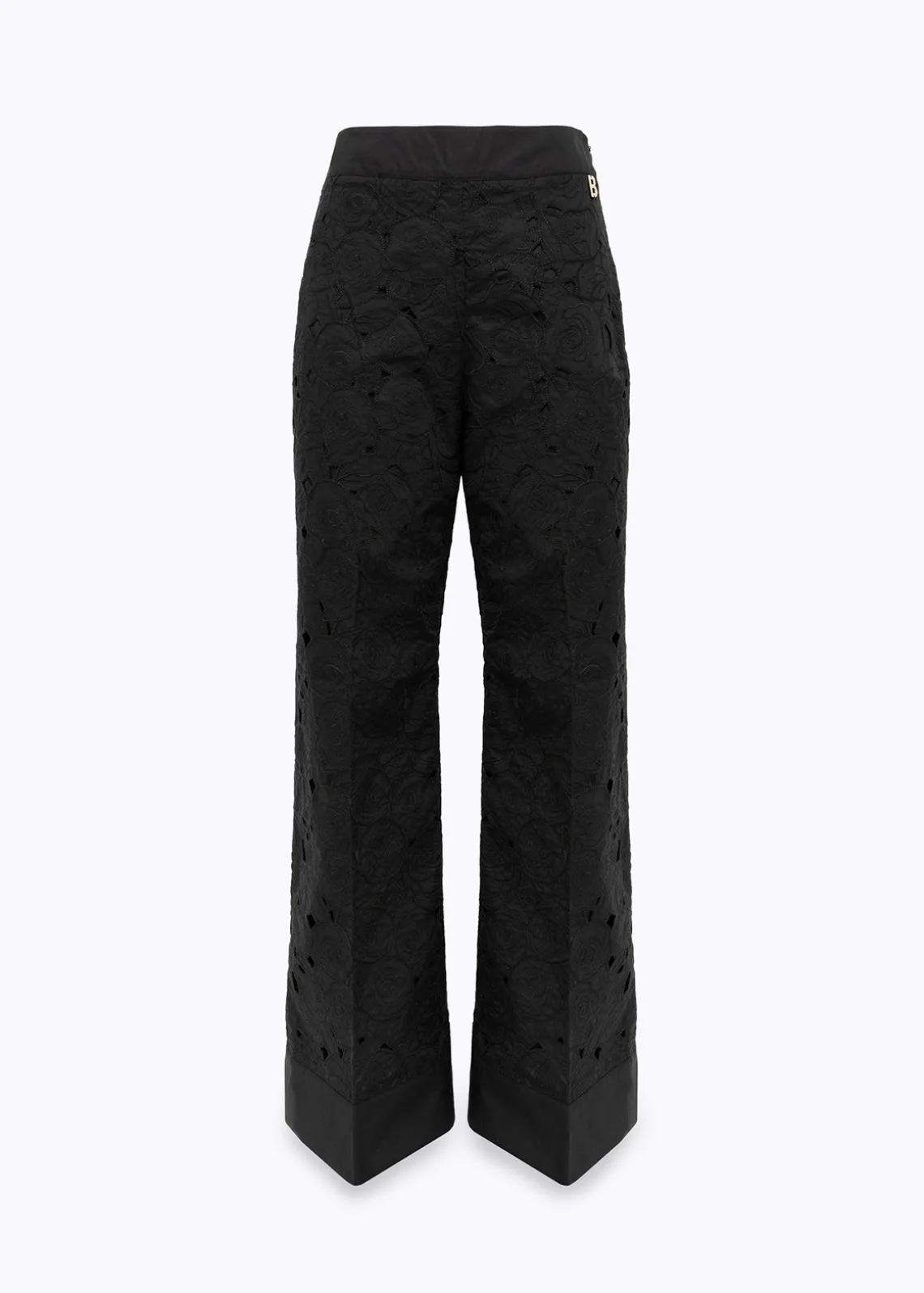 FLARED PANTS WITH CUT-OUT ROSE DESIGN