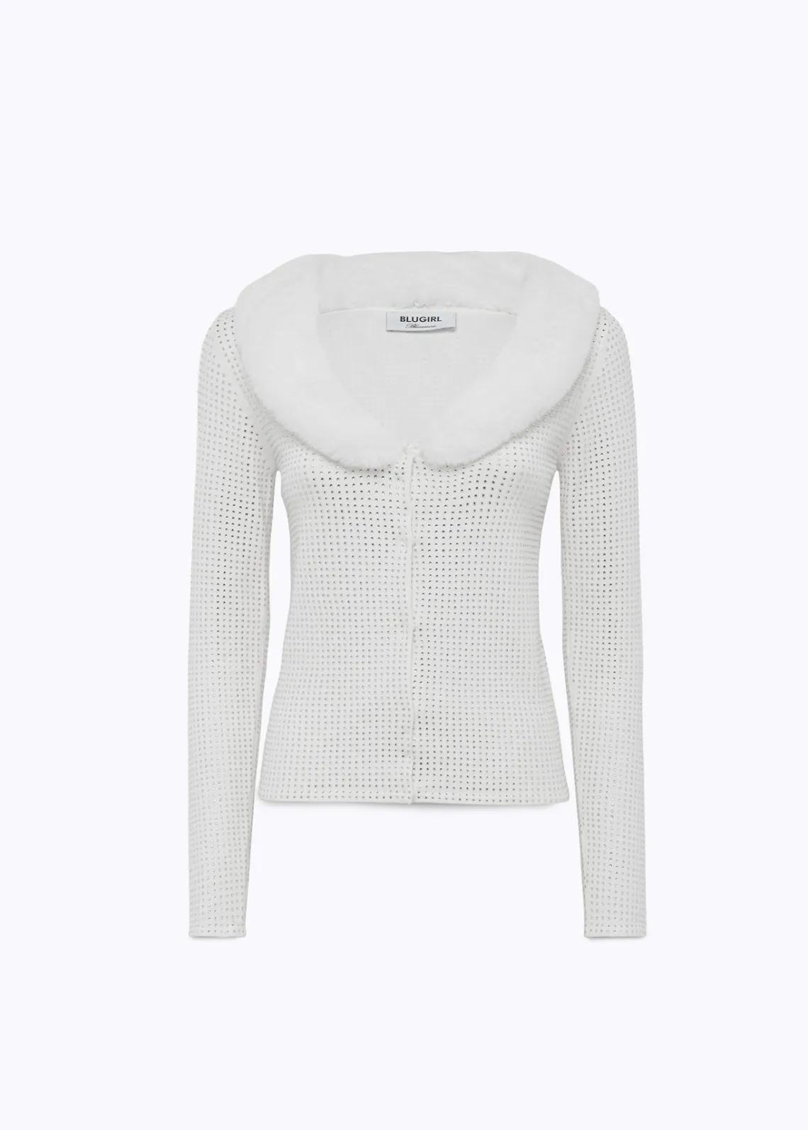 Full rhinestone viscose yarn cardigan with faux fur detailing.