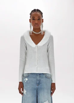 Full rhinestone viscose yarn cardigan with faux fur detailing.
