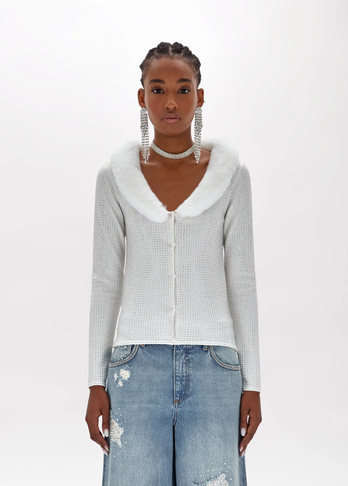 Full rhinestone viscose yarn cardigan with faux fur detailing.