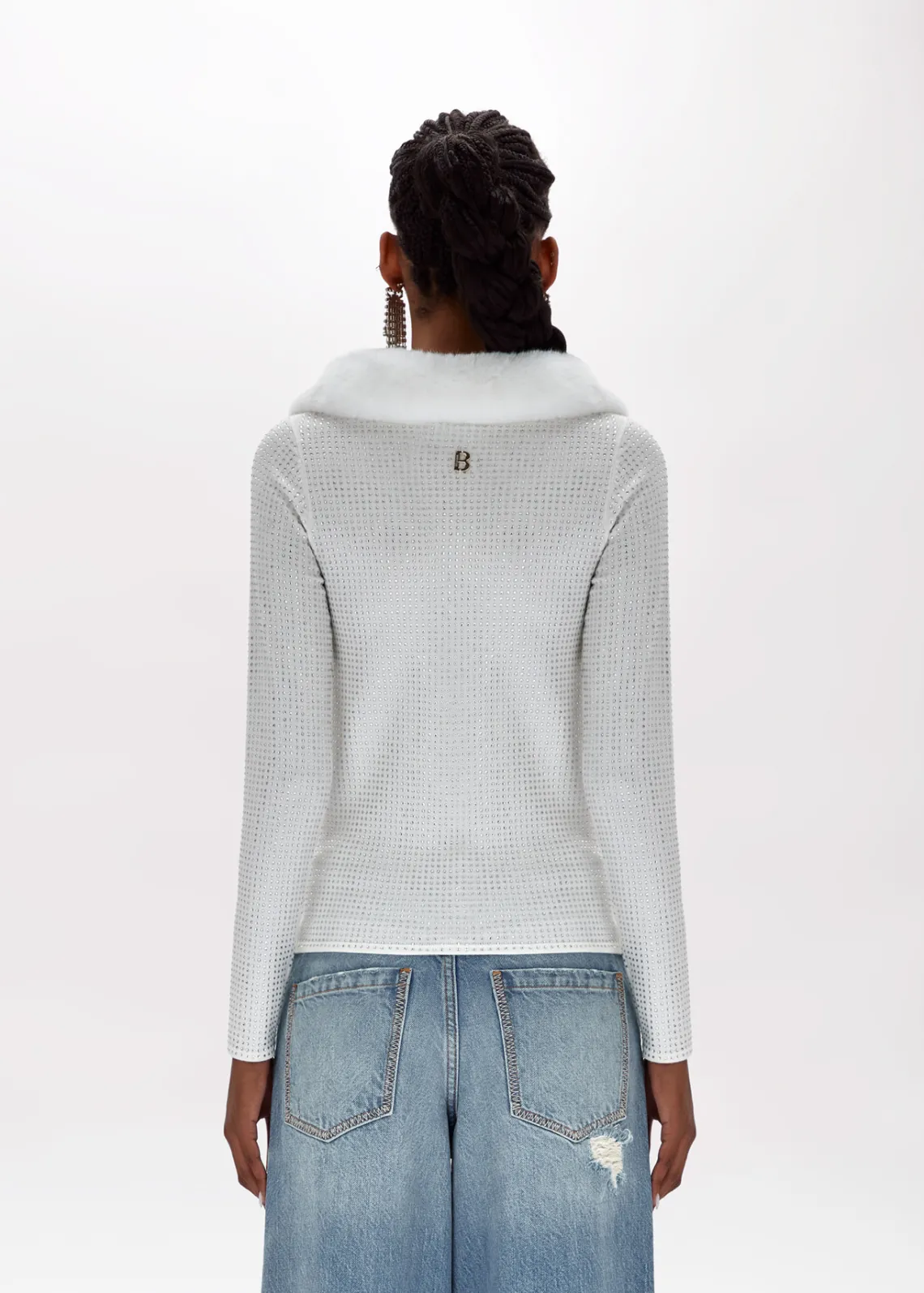 Full rhinestone viscose yarn cardigan with faux fur detailing.