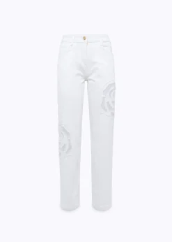 GABARDINE PANTS WITH CUT-OUT ROSE DESIGN