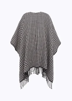 HOUNDSTOOTH PRINT PONCHO WITH BROOCH