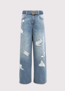 Jeans in denim with rhinestones