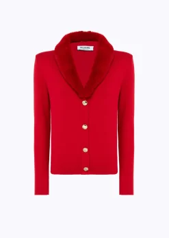 KNIT CARDIGAN WITH FAUX FUR COLLAR