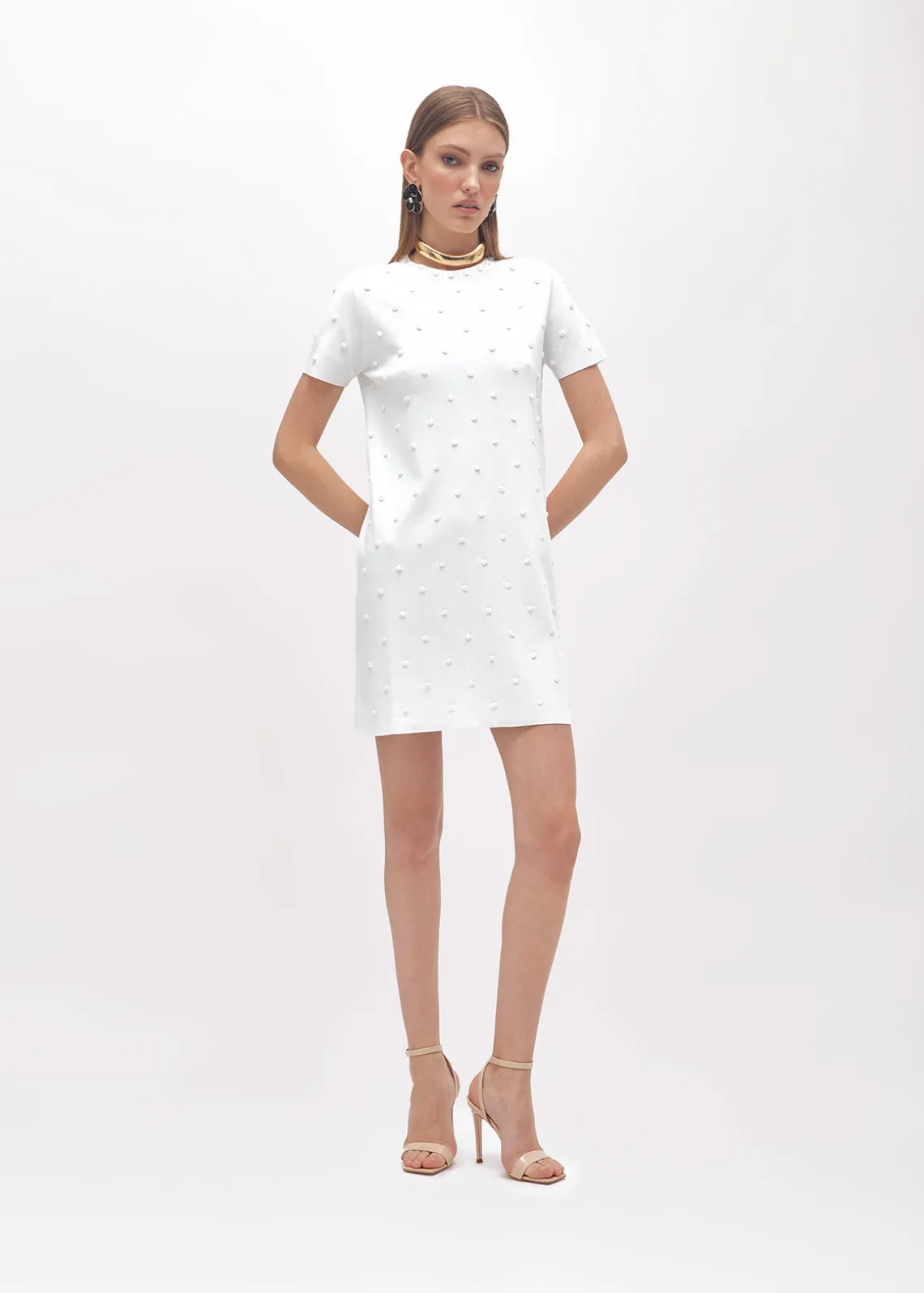 KNIT DRESS WITH ROSE EMBROIDERY AND CORAL BEAD DETAILS