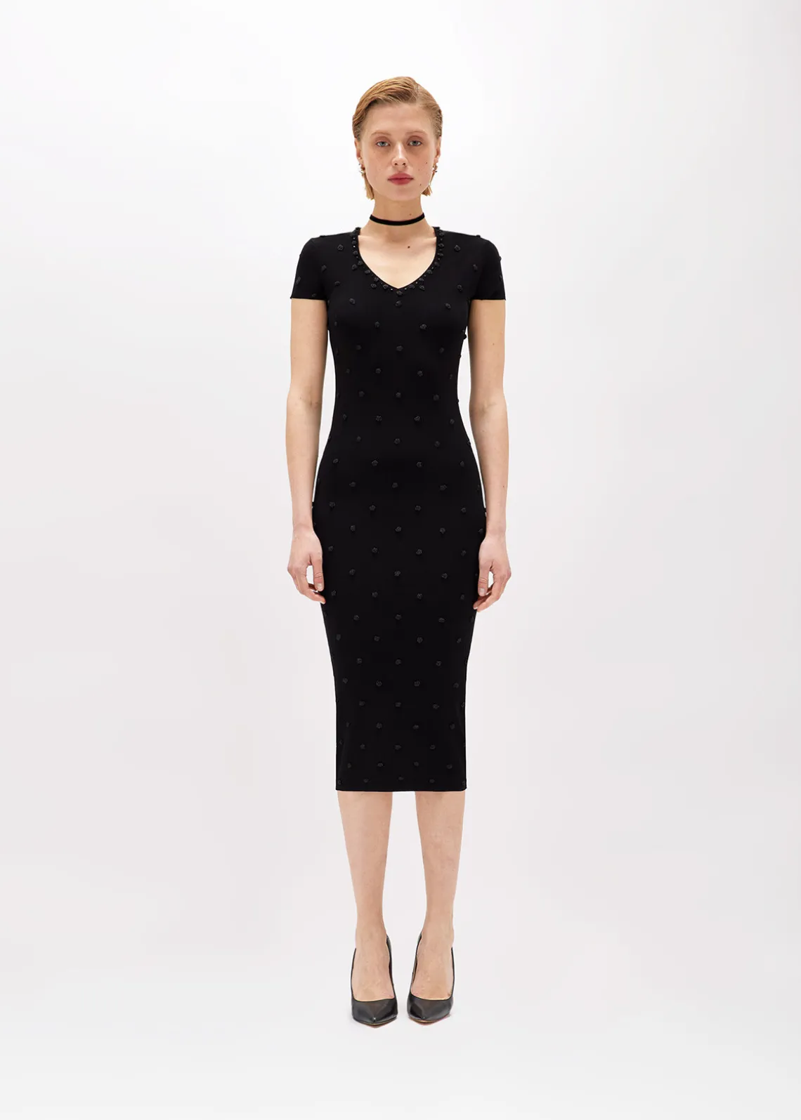 KNIT DRESS WITH ROSE EMBROIDERY AND CORAL BEAD DETAILS